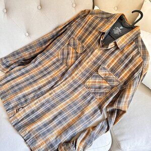 Kuhl Flannel Button Up Long Sleeve Shirt Mens Brown plaid  size L .Outdoor Hike